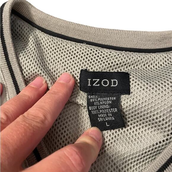 Izod Mesh Lined Golf VEST Mens L Beige Elastic Bottom Pockets Sports Lightweight - Picture 7 of 8